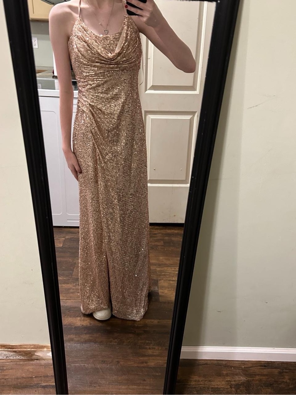 Sparkling Rose Gold Sequin Cowl Neck Maxi Dress
